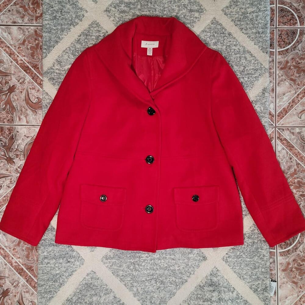 JM Collection Retro Cozy Red Single-Breasted Pea Coat - Picture 3 of 6